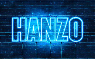 Joyeux anniversaire Hanzo, 4k, n&#233;ons bleus, nom Hanzo, cr&#233;atif, joyeux anniversaire Hanzo, anniversaire Hanzo, noms masculins japonais populaires, photo avec le nom Hanzo, Hanzo