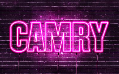 Feliz anivers&#225;rio Camry, 4k, luzes de n&#233;on rosa, nome de Camry, criativo, Camry Feliz anivers&#225;rio, Camry anivers&#225;rio, nomes femininos japoneses populares, imagem com nome de Camry, Camry