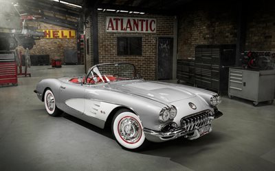 Chevrolet Corvette, 1958, classic cars, vintage cars, silver convertible