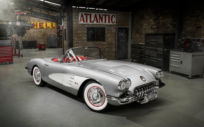 chevrolet corvette, 1958, classic cars, vintage cars, silver convertible