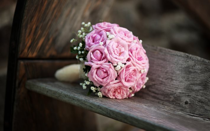 ピンク色のバラ, バラのお花のブーケ, 結婚式の花束, ブライダルブーケ, バラ