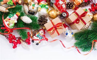 I giocattoli di natale, Natale, Nuovo Anno, 2017, albero di Natale, palline di Natale, pupazzo di neve
