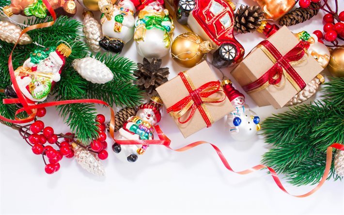 Christmas toys, Christmas, New Year, 2017, Christmas tree, Christmas balls, snowman