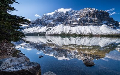 Bow Lake, winter, mountain lake, snow, mountain landscape, Banff National Park, Canada, Alberta, Crowfoot Mountain