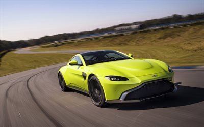 Aston Martin Vantage, 2019, bright green sports coupe, racing car, sports car, Aston Martin