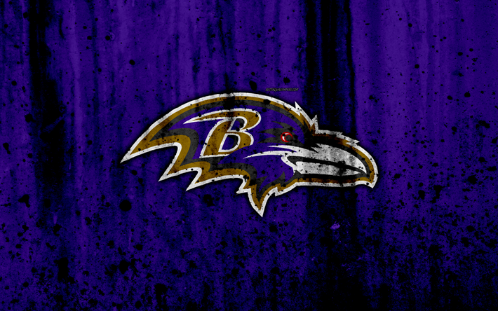Baltimore Ravens, 4k, NFL, grunge, sten struktur, logotyp, emblem, Baltimore, Maryland, USA, Amerikansk Fotboll, North Division, American Football Conference, National Football League
