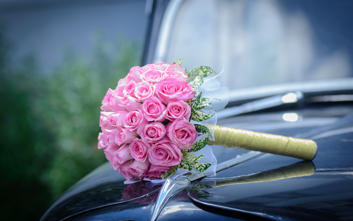 結婚式の花束, ピンク色のバラ, ブライダルブーケ, バラ, ピンクの花, 結婚