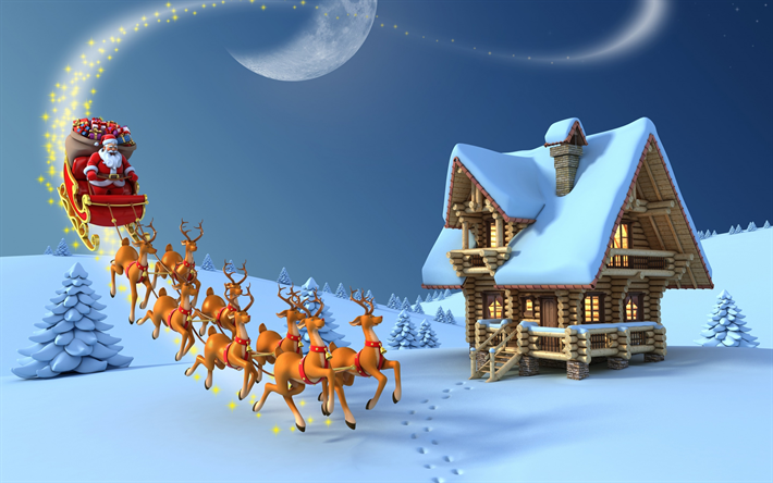 サンタクロース, 3d, 鹿, 冬, クリスマスの風景, 新年, 雪, クリスマス