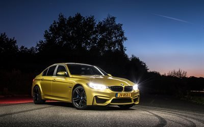 BMW M3, night, 2017 cars, F80, tuning, golden M3, german cars, BMW