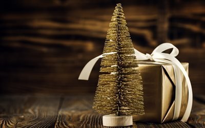 Golden Christmas tree, New Year, golden gift box, Christmas