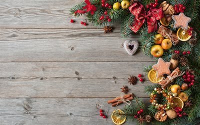frohe weihnachten, holz, hintergrund, graue boards, weihnachtsbaum, dekorationen, weihnachten, neujahr