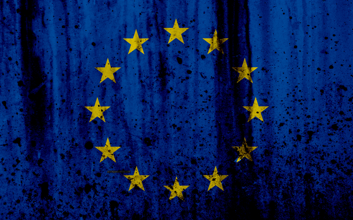 علم الاتحاد الأوروبي, 4k, الجرونج, الحجر الملمس, الاتحاد الأوروبي العلم, أوروبا, الرموز الوطنية, الاتحاد الأوروبي
