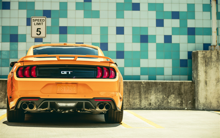 Ford Mustang GT, 2018, Fastback Sports, rear view, sports coupe, yellow Mustang, american cars, Ford
