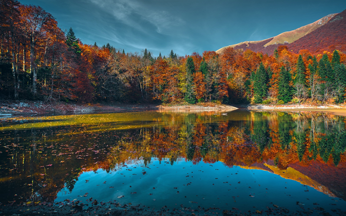 湖Biograd, 秋の森, 山湖, モンテネグロ, 美しい自然