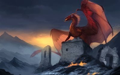 dragons, art, monster, mountans, red dragon