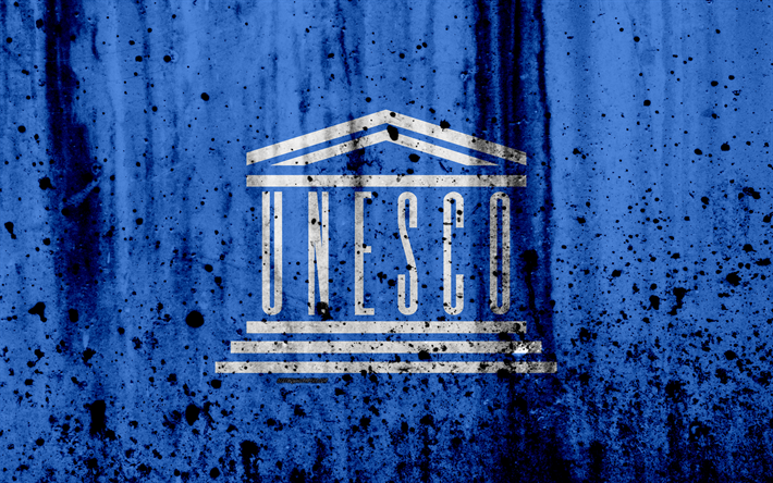 flag of UNESCO, 4k, grunge, stone texture, UNESCO flag, UNESCO symbols, UNESCO