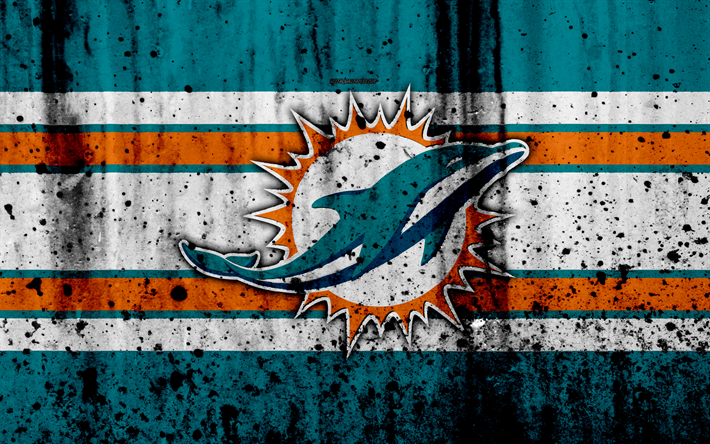 Miami Dolphins, 4k, NFL, grunge, stone texture, logo, emblem, Miami, Florida, USA, American football, East Division, American Football Conference, National Football League