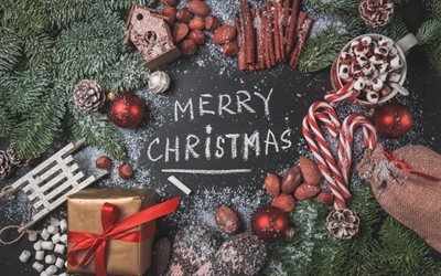 frohe weihnachten, neues jahr, 2018, weihnachtsbaum, rote kugeln