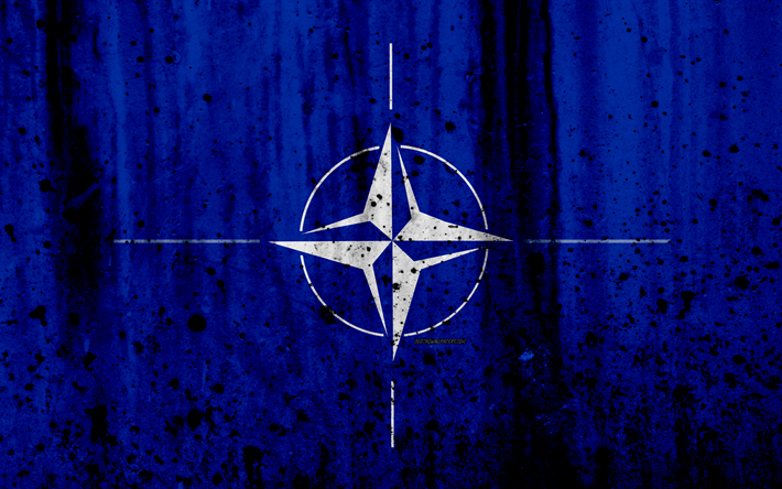 flagga av NATO, grunge, 4k, sten struktur, North Atlantic Treaty Organisation, NATO logotyp, Atlantpakten, milit&#228;r organisation
