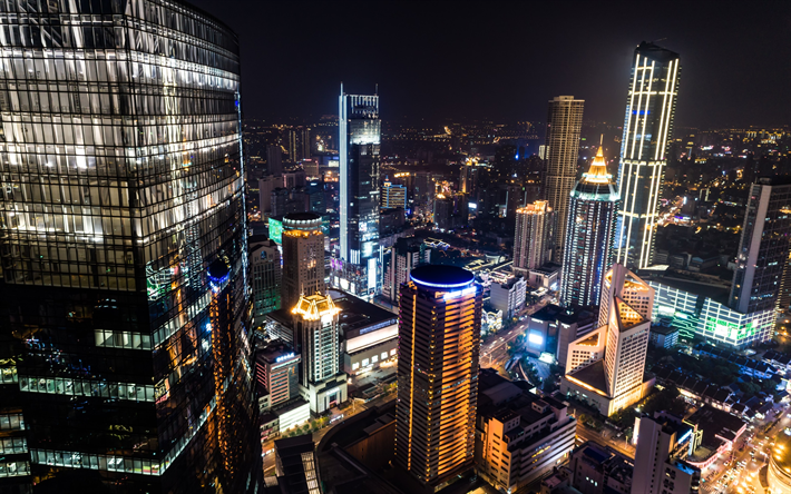 上海, 高層ビル群, 町並み, 夜, 街の灯, 中国