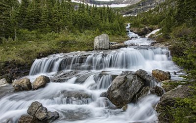 mountain waterfall, mountains, forest, mountain river, USA