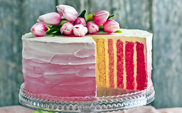 kek, renkli kek, krema, Doğum g&#252;n&#252;, laleler, tatlılar, pişmiş mal
