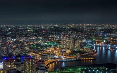 Baie de Yokohama, m&#233;tropole, Tokyo, Japon, paysage urbain, les lumi&#232;res de la ville