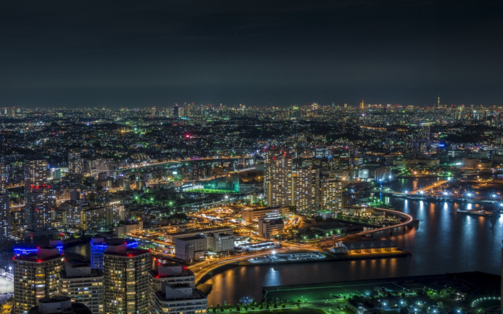 Baia di Yokohama, metropoli, di Tokyo, in Giappone, la citt&#224;, le luci della citt&#224;