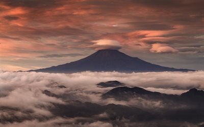 Il monte Fuji, la nebbia, le nuvole, il Fujiyama, mattina, Asiatico, giapponese, punti di riferimento, stratovulcano, Giappone