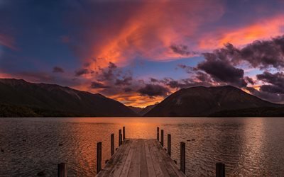Rotoiti Lake, 4k, pier, sunset, New Zealand