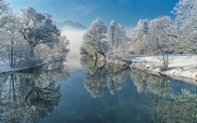 winter, snow, river, winter landscape, mountains, Bavaria, Germany
