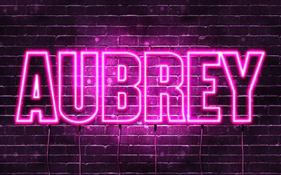 Aubrey, 4k, pap&#233;is de parede com os nomes de, nomes femininos, Aubrey nome, roxo luzes de neon, texto horizontal, imagem com Aubrey nome