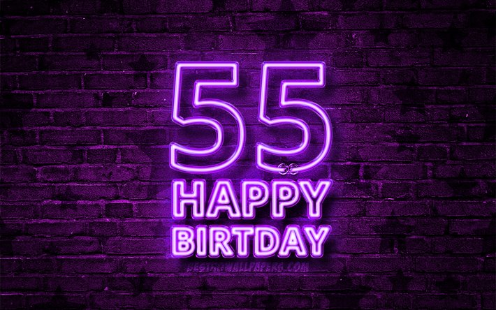 Felice di 55 Anni Compleanno, 4k, viola neon testo, 55 &#176; Festa di Compleanno, viola, brickwall, Felice, 55 &#176; compleanno, il compleanno concetto, Festa di Compleanno, 55 Compleanno