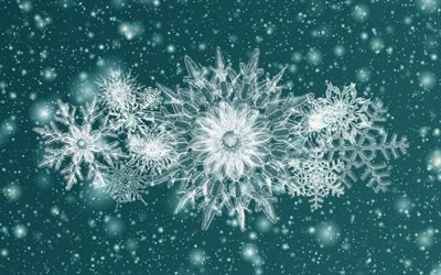 Green background with snowflakes, texture with snowflakes, winter texture, snowflakes, ice texture