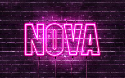 Nova, 4k, wallpapers with names, female names, Nova name, purple neon lights, horizontal text, picture with Nova name