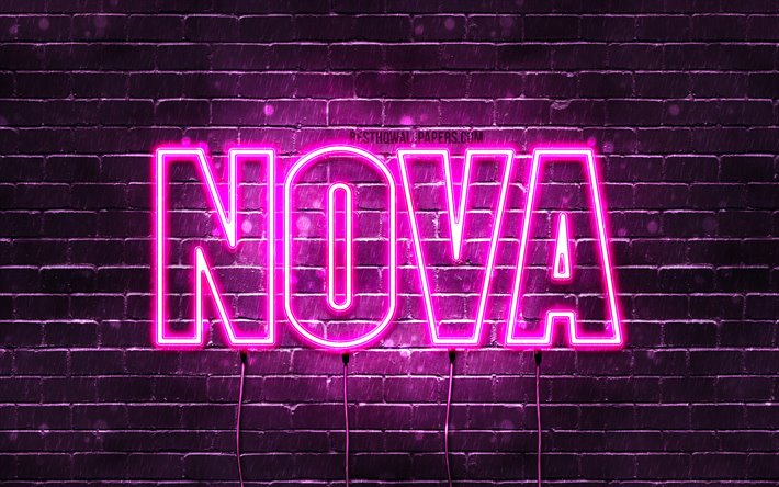 Nova, 4k, tapeter med namn, kvinnliga namn, Nova namn, lila neon lights, &#246;vergripande text, bild med Nova namn