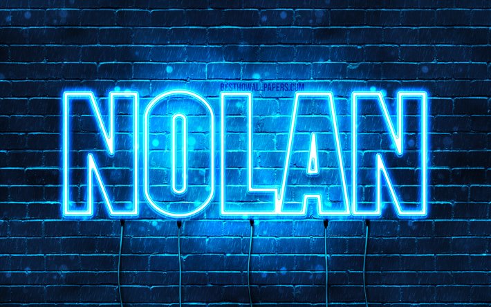 Nolan, 4k, pap&#233;is de parede com os nomes de, texto horizontal, Nolan nome, luzes de neon azuis, imagem com o nome de Nolan