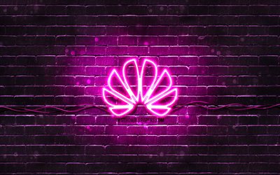 Huawei purple logo, 4k, purple brickwall, Huawei logo, brands, Huawei neon logo, Huawei