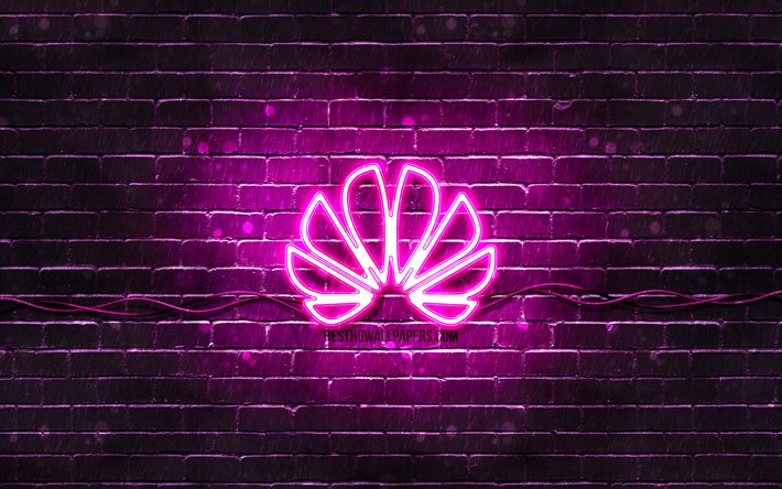 Huawei紫色のロゴ, 4k, 紫brickwall, ファーウェイロゴ, ブランド, Huaweiネオンのロゴ, Huawei
