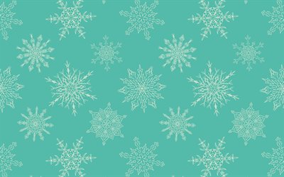 Green background with snowflakes, snowflakes ornaments, snowflakes texture, retro winter texture, retro background with snowflakes