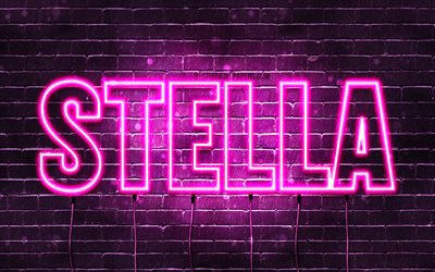 Stella, 4k, wallpapers with names, female names, Stella name, purple neon lights, horizontal text, picture with Stella name