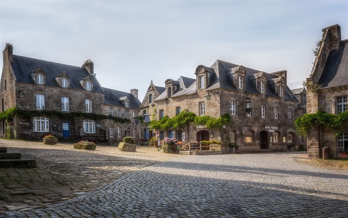 Locronan, old houses, morning, gray stone houses, France