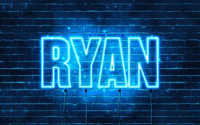 Ryan, 4k, taustakuvia nimet, vaakasuuntainen teksti, Ryan nimi, blue neon valot, kuvan Ryan nimi