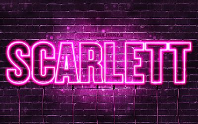 Scarlett, 4k, fondos de pantalla con los nombres, los nombres femeninos, Scarlett nombre, p&#250;rpura luces de ne&#243;n, el texto horizontal, imagen con el nombre de Scarlett