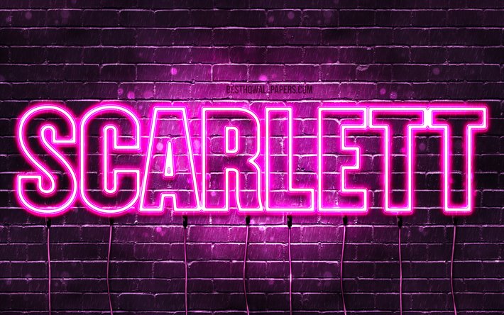Scarlett, 4k, taustakuvia nimet, naisten nimi&#228;, Scarlett nimi, violetti neon valot, vaakasuuntainen teksti, kuva, jossa Scarlett nimi
