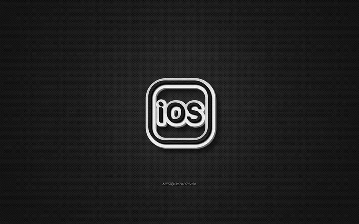 iOS leather logo, black leather texture, emblem, iOS, creative art, black background, iOS logo