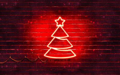 Kırmızı neon Noel Ağacı, 4k, kırmızı brickwall, Mutlu Yeni Yıl Kavramı, Kırmızı Noel Ağa&#231;, Ağa&#231;lar, Noel Ağa&#231;ları, Noel