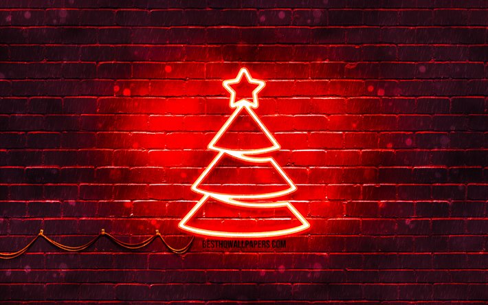 Red neon Christmas Tree, 4k, red brickwall, Happy New Years Concept, Red Christmas Tree, Xmas Trees, Christmas Trees