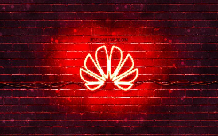 Huawei red logo, 4k, red brickwall, Huawei logo, brands, Huawei neon logo, Huawei