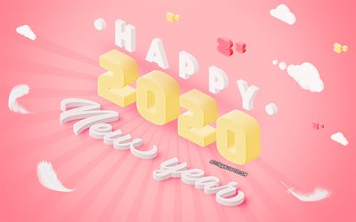 Happy New Year 2020, 3d art, Pink 2020 background, 2020 concepts, 3D 2020 background, retro art